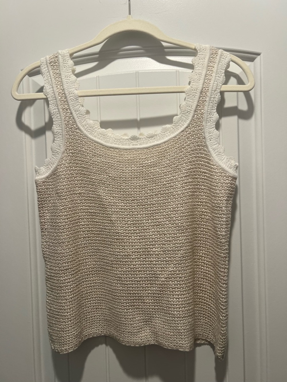Cream Knit Tank Top with Lace Trim - Women